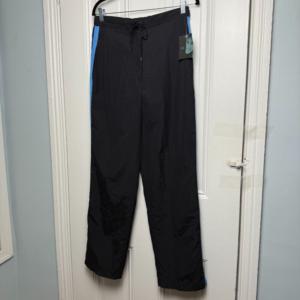 VTG Wide Leg Pants Womens Medium Black Drawstring Windbreaker Deadstock NWT